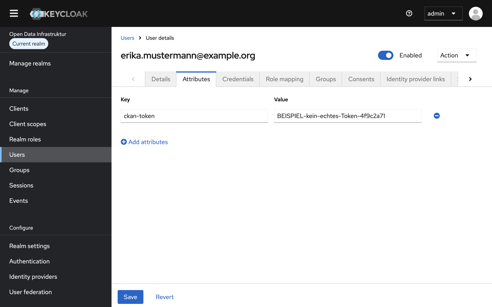 Reiter „Attributes“ eines Benutzers mit dem Attribut ckan-token