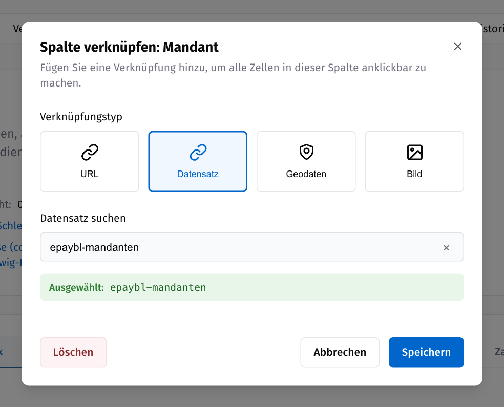 Dialog „Spalte verknüpfen“ mit den Verknüpfungstypen URL, Datensatz, Geodaten und Bild